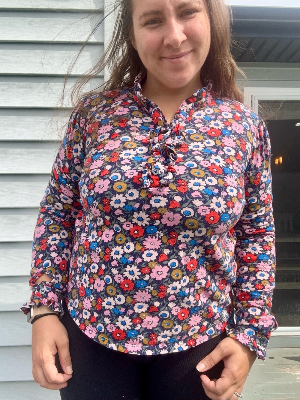 Boden | Ruffle Neck Long Sleeve Henley Top Floral Print Cotton | Size 8